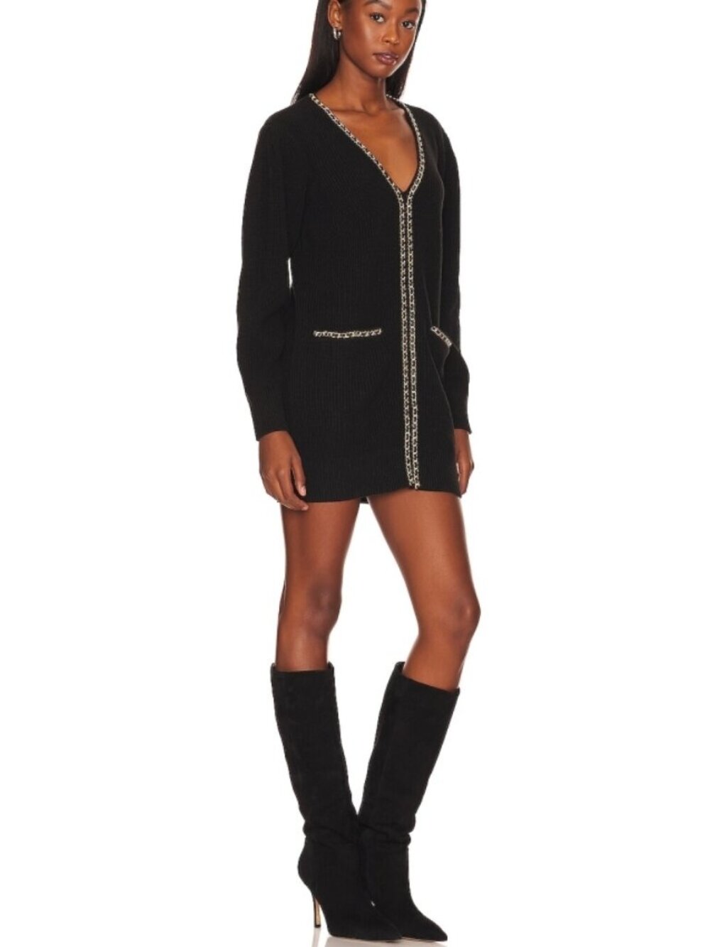 Lovers Friends Norina Cardigan Dress Black Chains Knit Edgy Chunky Sweater Mini